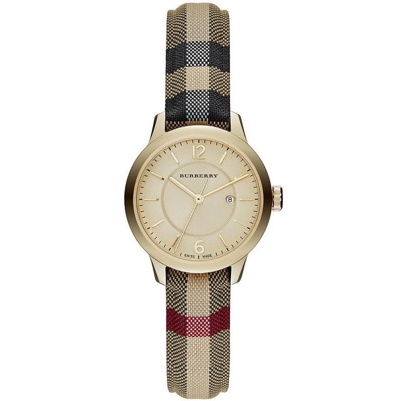 Front view of Burberry women's gold watch