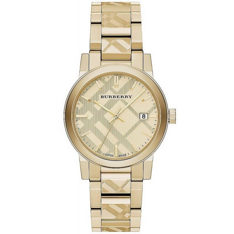 Front view of Burberry women's gold watch