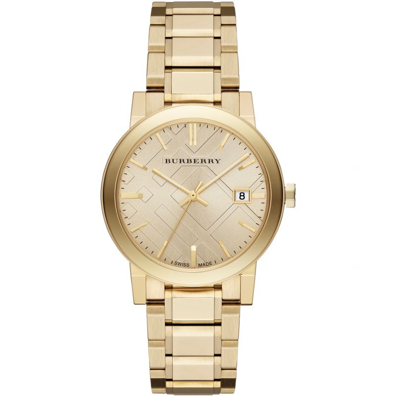 Side view of Burberry women's gold watch