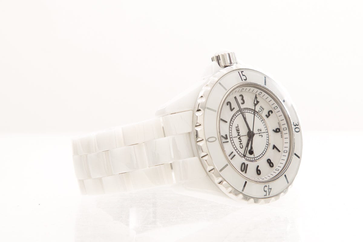 Side view of Chanel unisex white watch