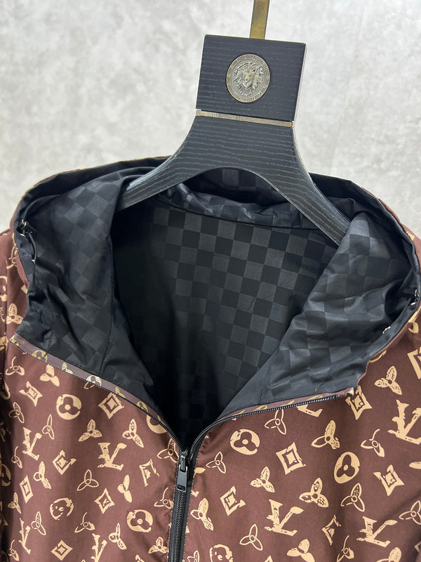 Front view of Louis Vuitton luxury clothing with label-forward styling