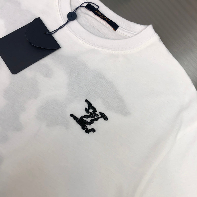 Close-up detail shot of Louis Vuitton cotton t-shirt with monogram-inspired silhouette