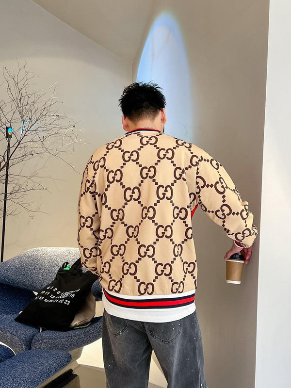 Close-up detail shot of Gucci luxury clothing with logo-detail design