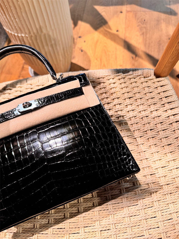 Side view of poised structured handbag
