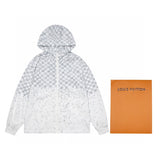 Close-up detail shot of Louis Vuitton luxury clothing with monogram-inspired silhouette