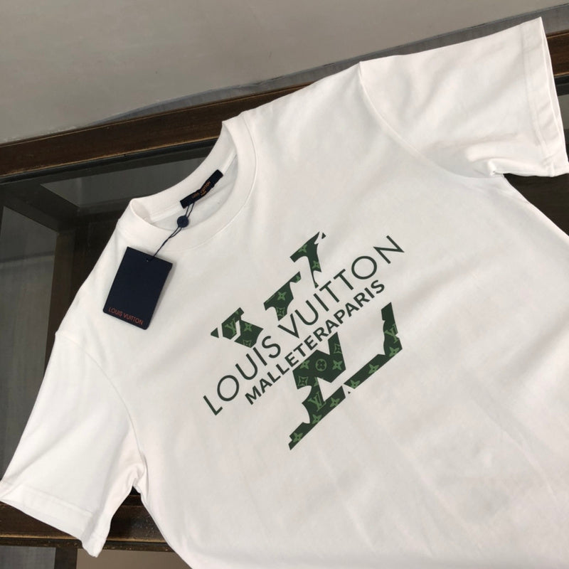 Close-up detail shot of Louis Vuitton cotton t-shirt with runway-inspired design