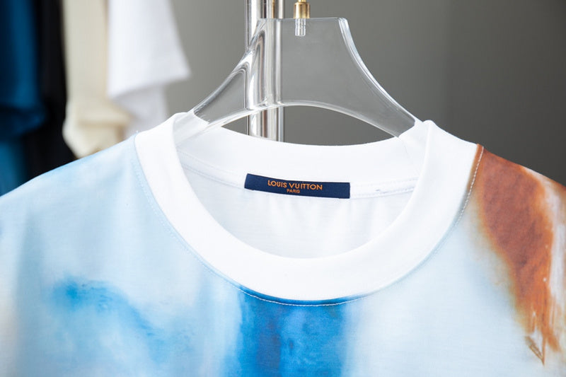 Close-up detail shot of Louis Vuitton cotton t-shirt with monogram-inspired silhouette