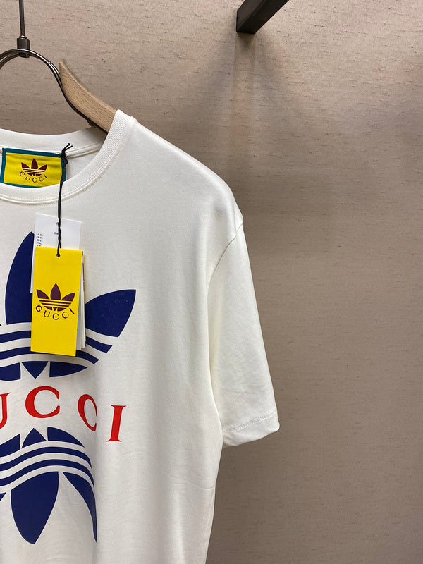 Flat lay presentation of Gucci luxury clothing with signature branding
