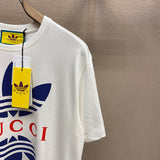 Flat lay presentation of Gucci luxury clothing with signature branding