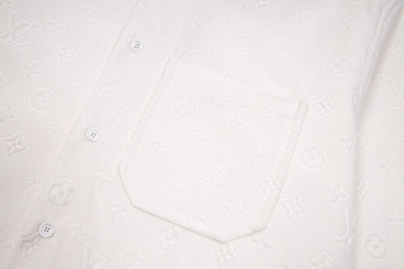 Front view of Louis Vuitton luxury clothing with logo-detail design
