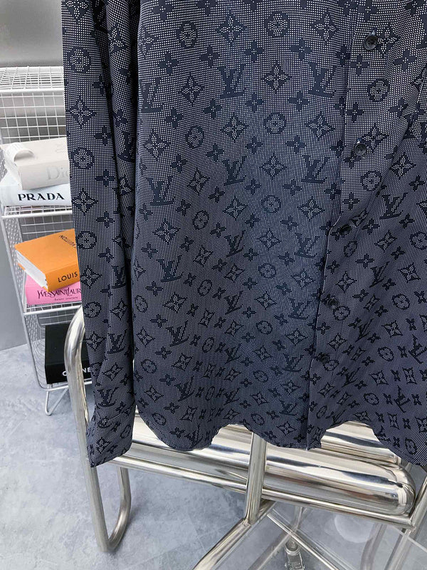 Back view of Louis Vuitton luxury clothing with label-forward styling