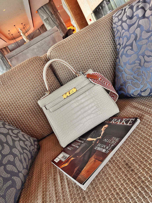 Side view of polished structured handbag