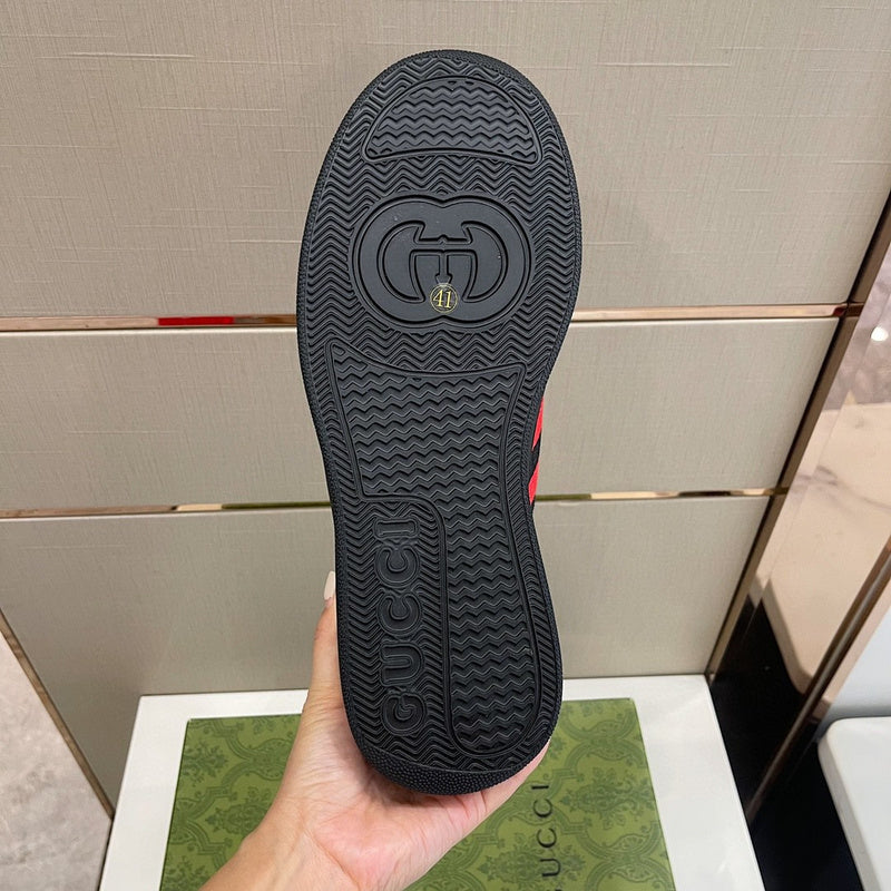 Side profile of Gucci muted earth tones sneakers retro runner design