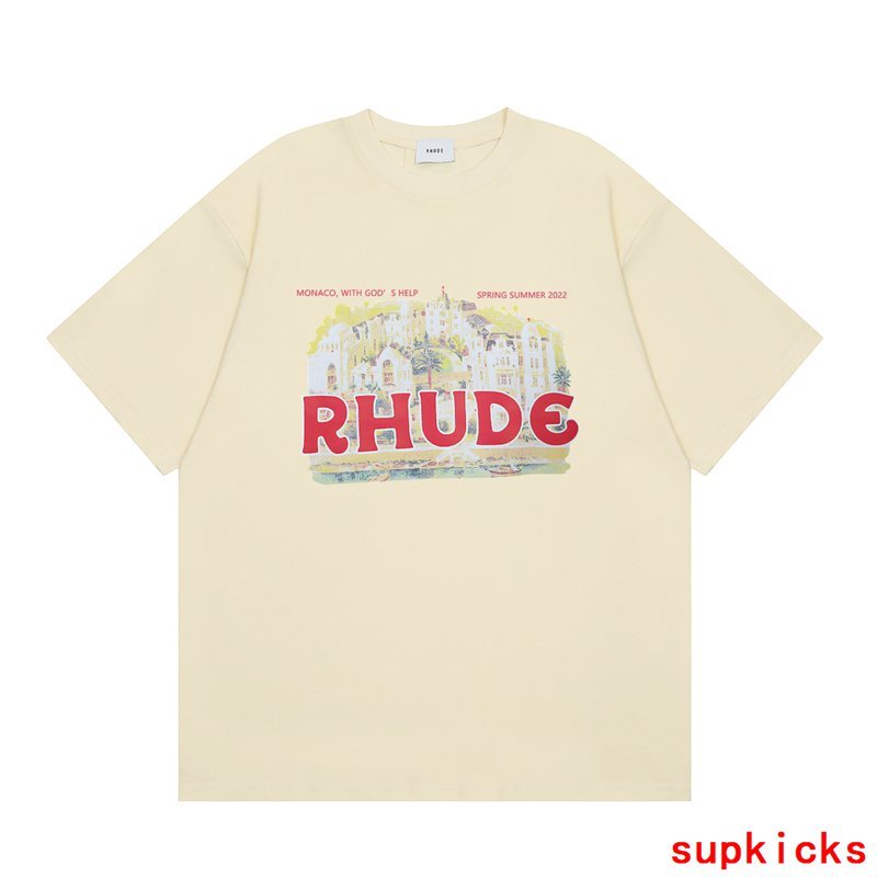 Side profile of Rhude luxury clothing with contemporary cut