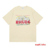Side profile of Rhude luxury clothing with contemporary cut