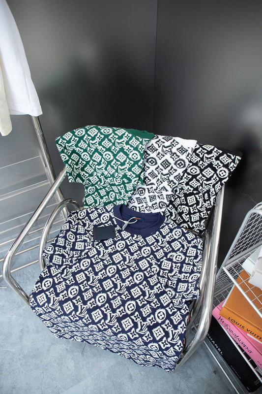 Close-up detail shot of Louis Vuitton cotton t-shirt with monogram-inspired silhouette