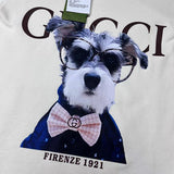 Side profile of Gucci luxury clothing with signature branding