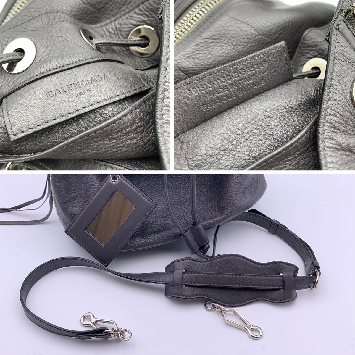 Balenciaga Grey Leather Papier Plate Bucket Drawstring Bag | Designer Luxury Handbag