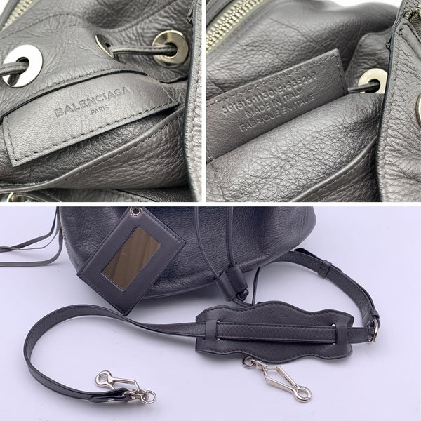 Balenciaga Grey Leather Papier Plate Bucket Drawstring Bag | Designer Luxury Handbag