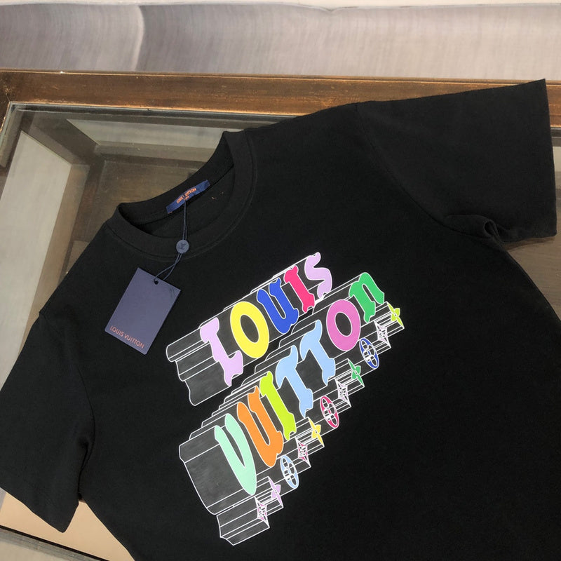 Close-up detail shot of Louis Vuitton cotton t-shirt with label-forward styling
