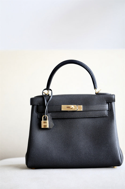 Side view of understated structured handbag