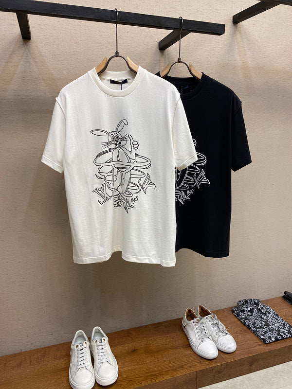 Close-up detail shot of Louis Vuitton cotton t-shirt with signature branding