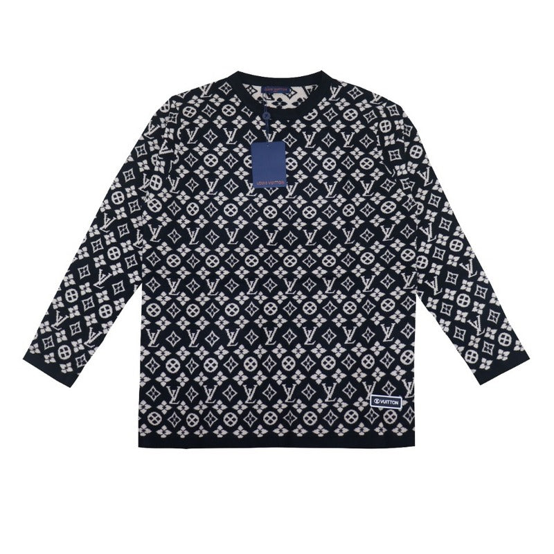 Front view of Louis Vuitton luxury clothing with logo-detail design
