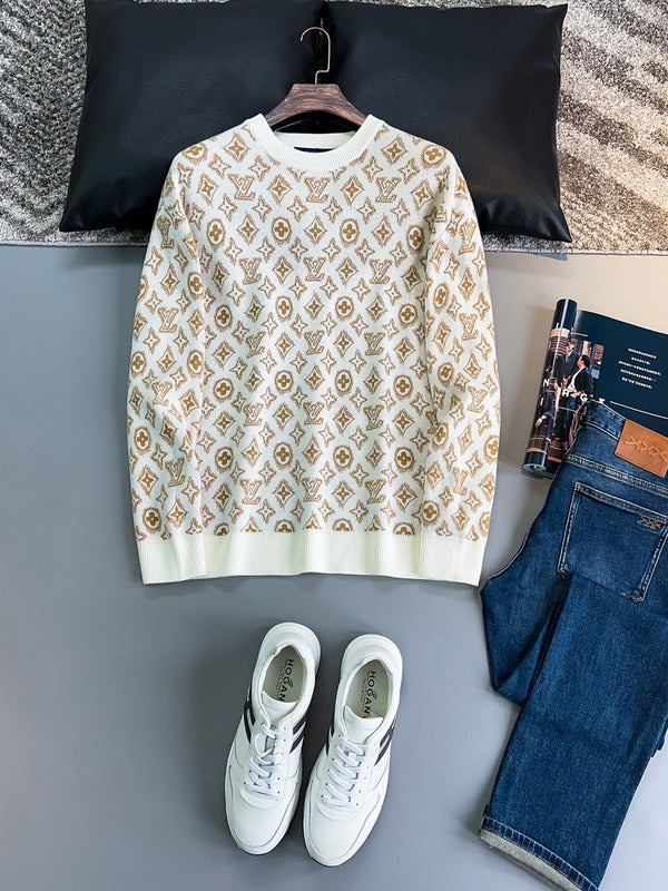 Front view of Louis Vuitton luxury clothing with monogram-inspired silhouette