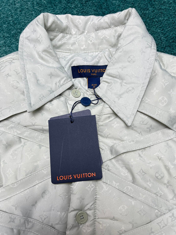 Close-up detail shot of Louis Vuitton luxury clothing with contemporary cut
