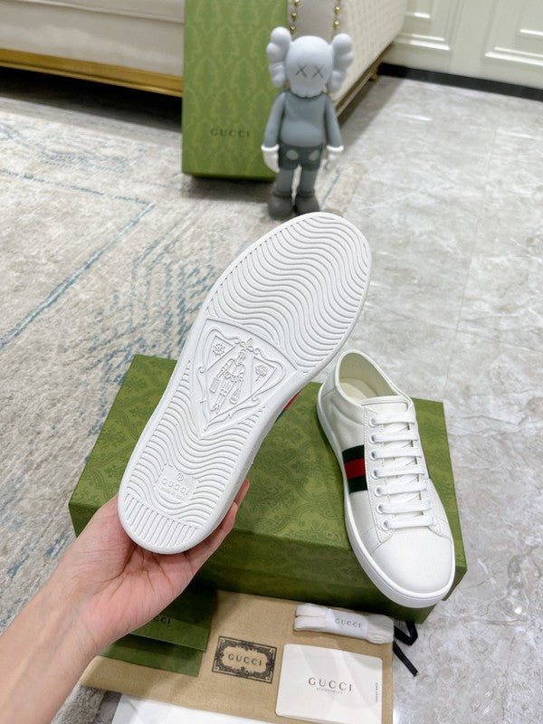 Side profile of Gucci tonal black sneakers premium leather build