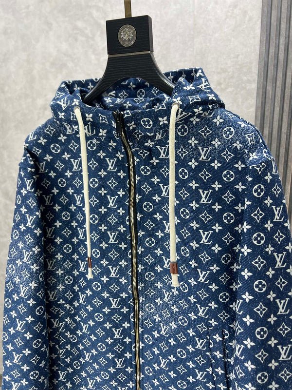 Front view of Louis Vuitton luxury clothing with label-forward styling