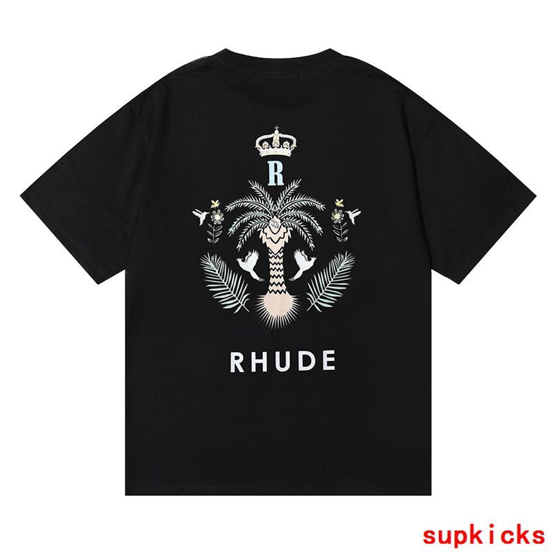 Flat lay presentation of Rhude luxury clothing with label-forward styling