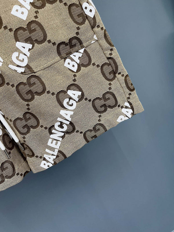 Front view of Gucci luxury clothing with monogram-inspired silhouette