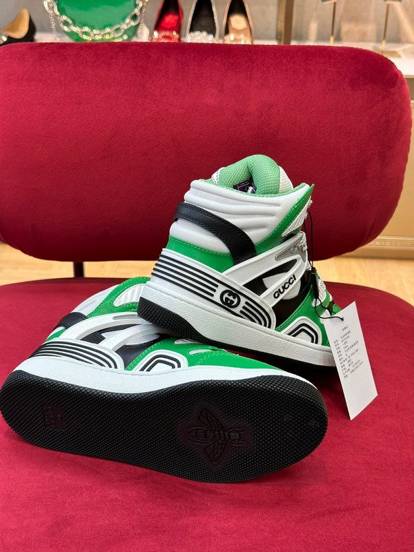 Side profile of Gucci bold contrast sneakers streetwear statement look