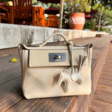 Side view of structured structured handbag