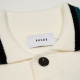 Close-up detail shot of Rhude luxury clothing with signature branding