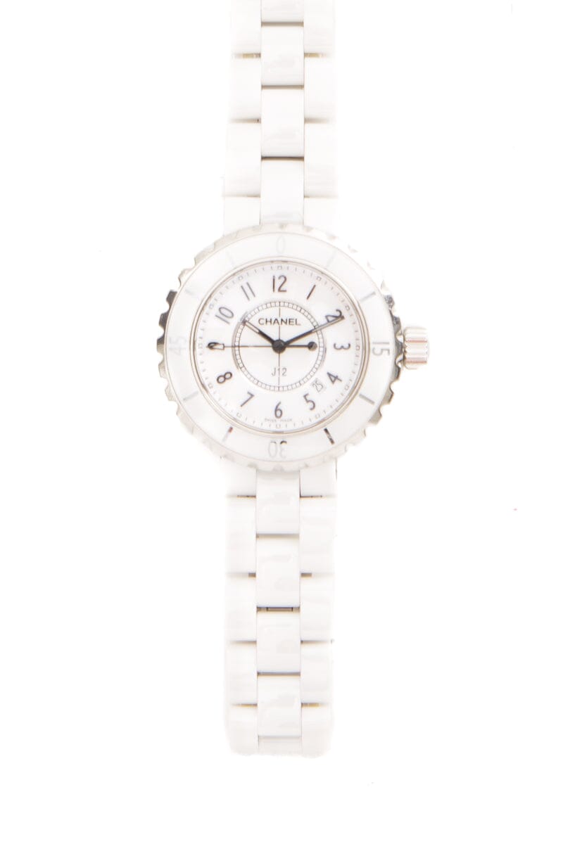 Full view of Chanel unisex white watch