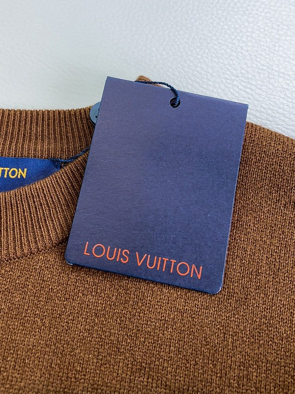 Side profile of Louis Vuitton luxury clothing with monogram-inspired silhouette