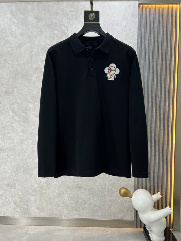 Front view of Louis Vuitton luxury clothing with label-forward styling