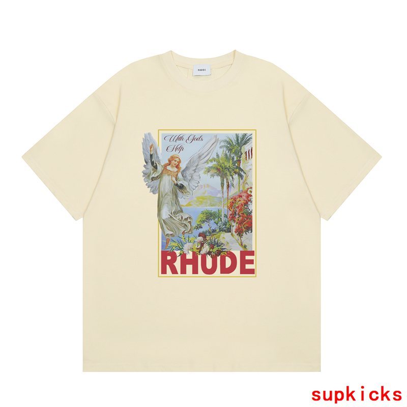 Side profile of Rhude luxury clothing with logo-detail design