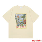 Side profile of Rhude luxury clothing with logo-detail design