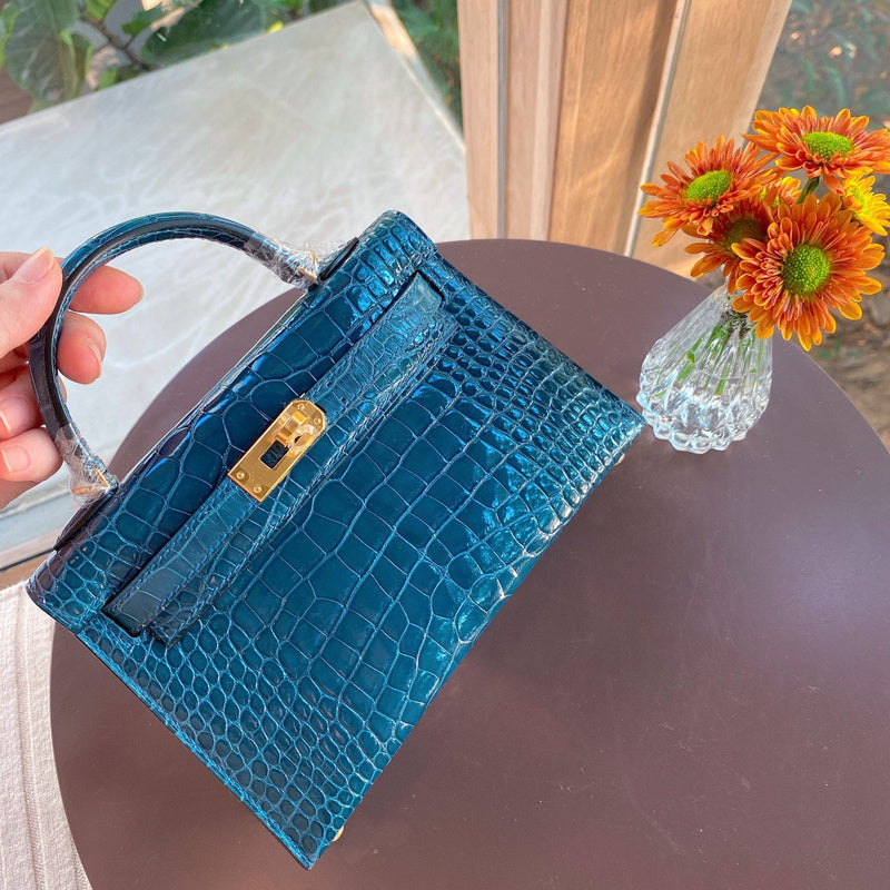 Side view of understated structured handbag