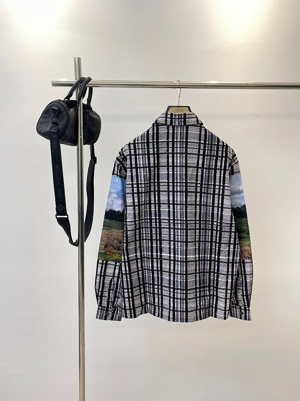Side profile of Louis Vuitton luxury clothing with signature branding