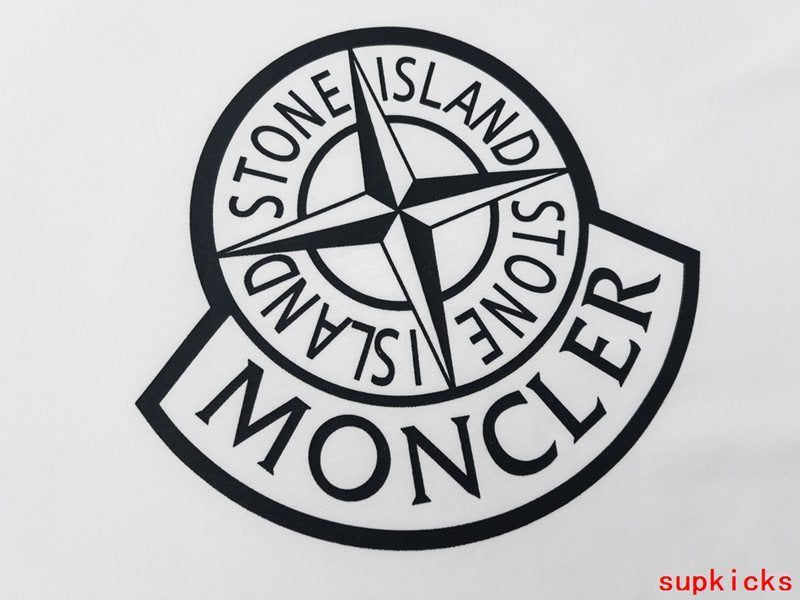 Flat lay presentation of Moncler luxury clothing with logo-detail design