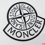 Flat lay presentation of Moncler luxury clothing with logo-detail design