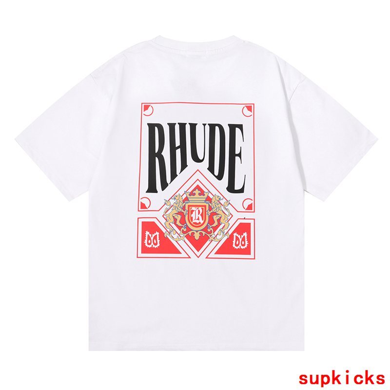 Flat lay presentation of Rhude luxury clothing with streetwear-inspired cut