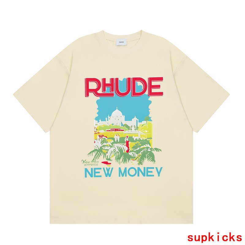 Close-up detail shot of Rhude luxury clothing with signature branding