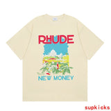Close-up detail shot of Rhude luxury clothing with signature branding