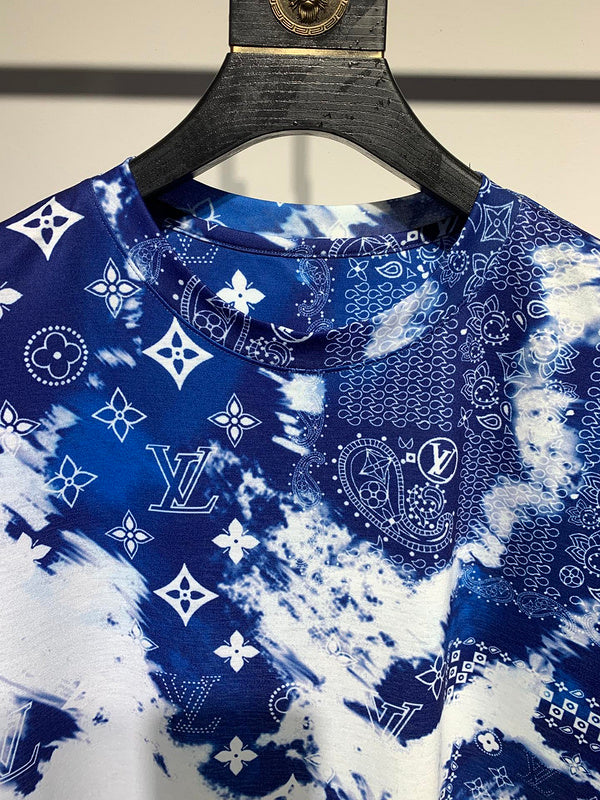 Close-up detail shot of Louis Vuitton cotton t-shirt with signature branding