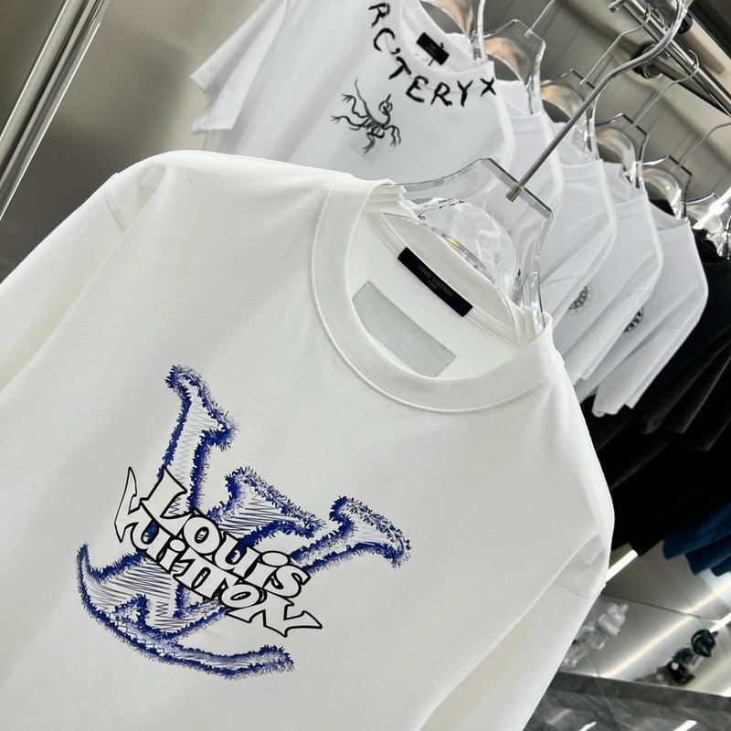 Close-up detail shot of Louis Vuitton cotton t-shirt with monogram-inspired silhouette